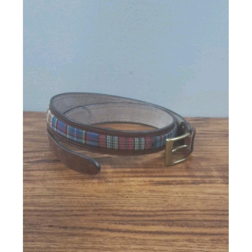Fossil Genuine Leather Plaid Fabric Belt Unisex Large Brown Multicolor Bohemian